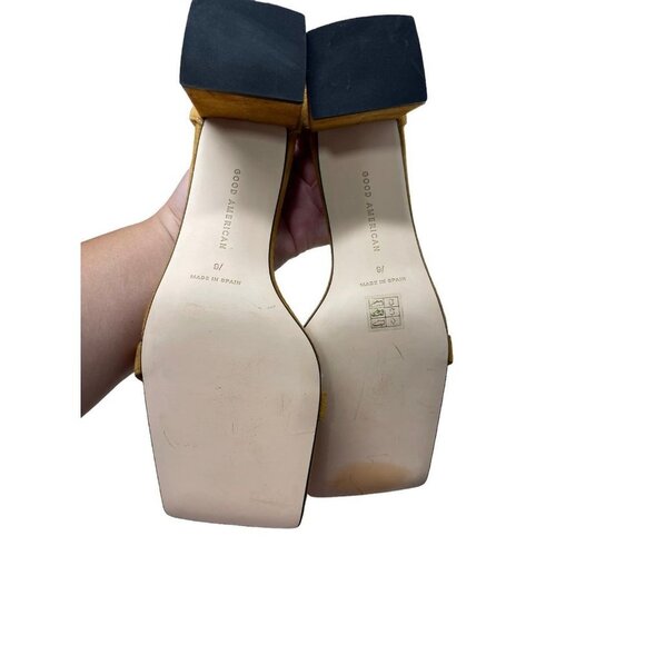 Good American Amber Tan Suede Square Toe Strappy Zippered Block Heel Sandal 9 - Picture 5 of 7